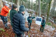 Eine Gruppe Männer steht in einem Bergwald und unterhält sich.