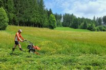 Ein Mann mäht eine Wiese