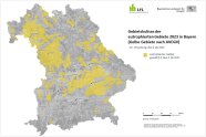 Bayernkarte mit gelb eingezeichneten Gebieten und Schriftzug "Gebietskulisse der eutrophierten Gebiete" 